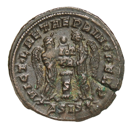 RIC VII Siscia 95 Constantine I reverse, Two Victories, winged, draped, facing each other, holding a shield inscribed VOT/...