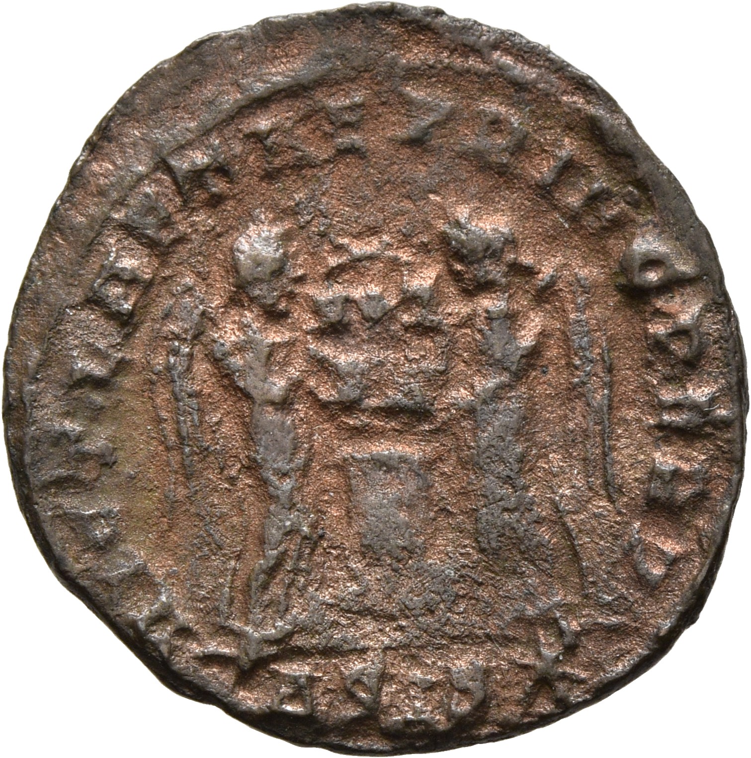 RIC VII Siscia 96 Constantine I reverse, Two Victories, winged, draped, facing each other, holding a shield inscribed VOT/...