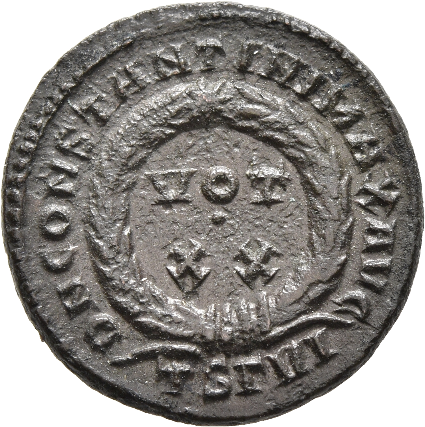 RIC VII Thessalonica 101 Constantine I reverse, VOT/XX within a laurel wreath