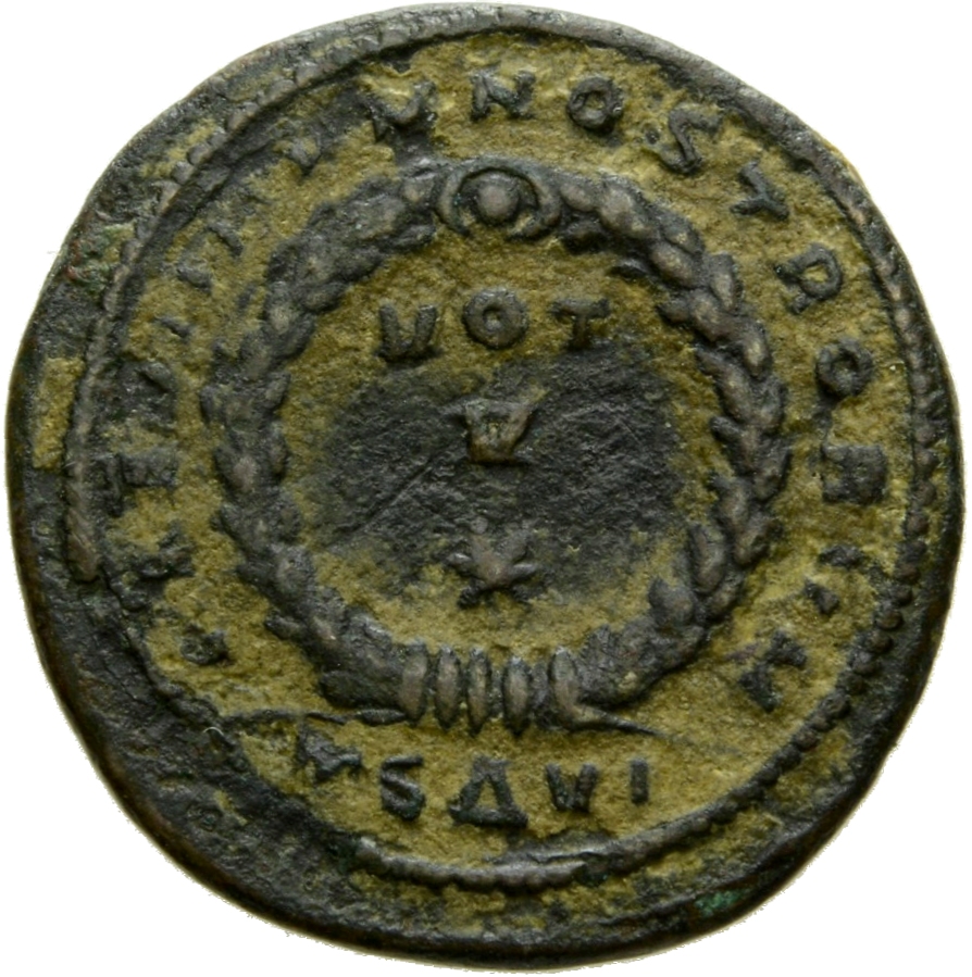 RIC VII Thessalonica 113 Constantine I reverse, VOT/V within a laurel wreath