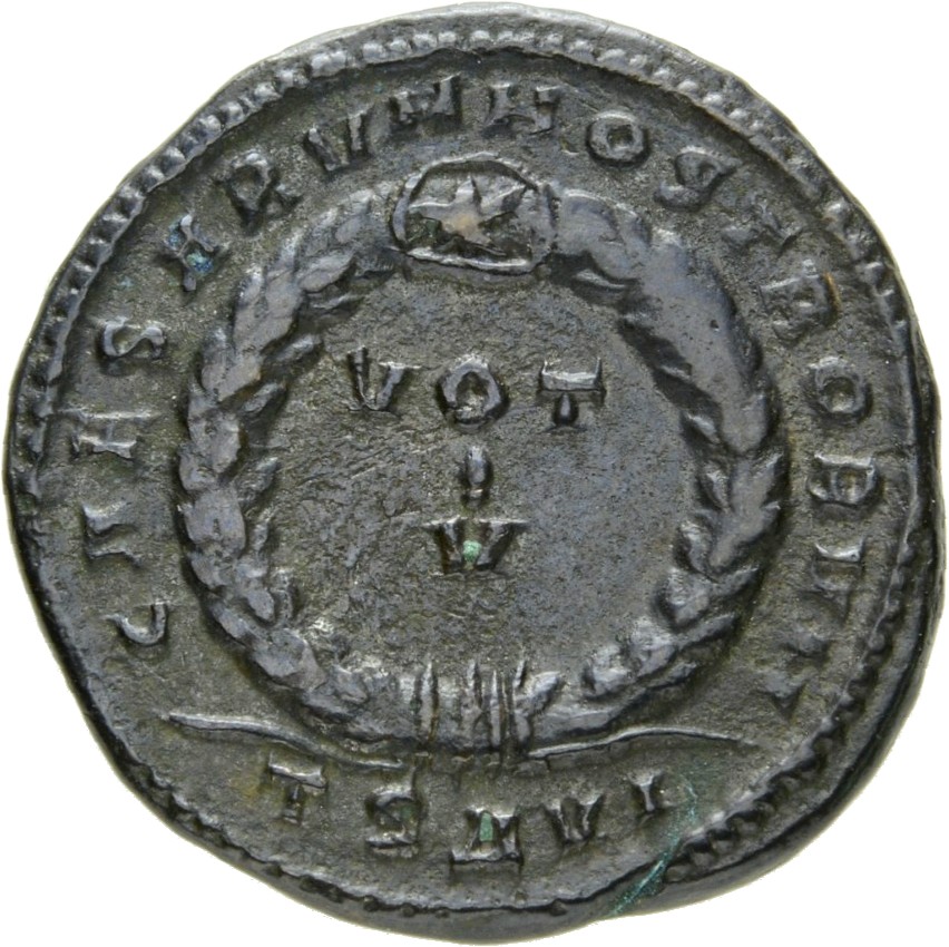 RIC VII Thessalonica 118 Constantine I reverse, VOT/V within a laurel wreath