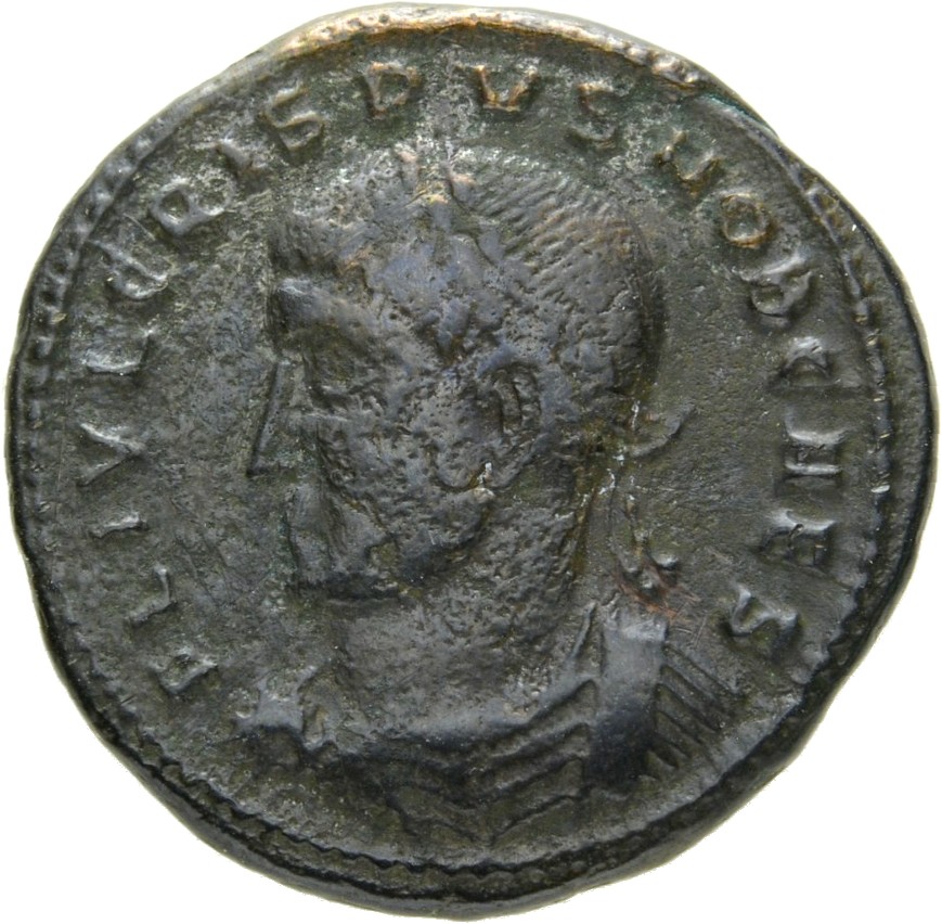 Constantine I obverse — Bust of Crispus, laureate, draped, cuirassed, left
