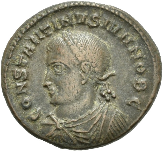 RIC VII Thessalonica 120 Constantine I obverse — Bust of Constantine II, laureate, draped, cuirassed, left