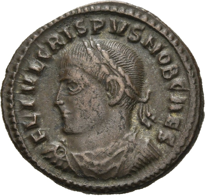 RIC VII Thessalonica 121 Constantine I obverse — Bust of Crispus, laureate, draped, cuirassed, left