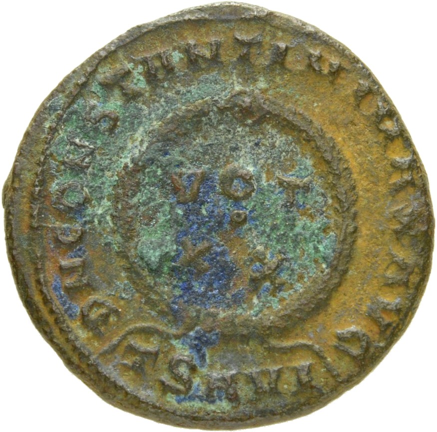 RIC VII Thessalonica 123 Constantine I reverse, VOT/XX within a laurel wreath