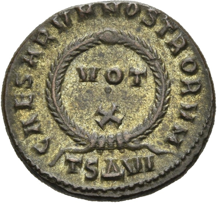 RIC VII Thessalonica 125 Constantine I reverse, VOT/X within a laurel wreath