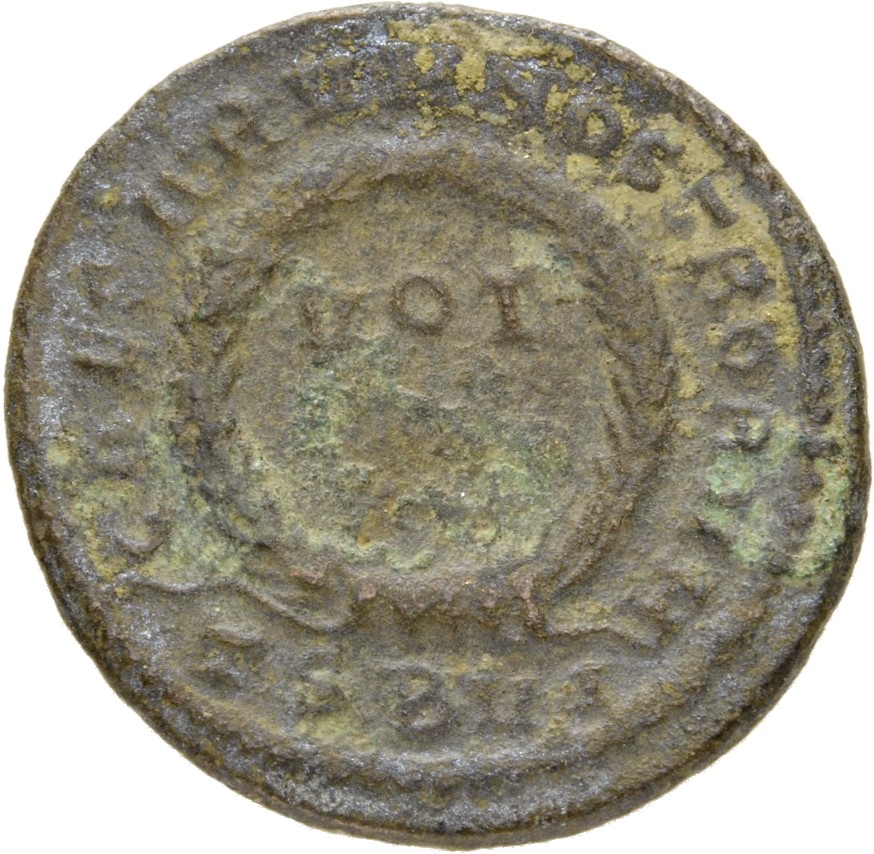 RIC VII Thessalonica 128 Constantine I reverse, VOT/X within a laurel wreath