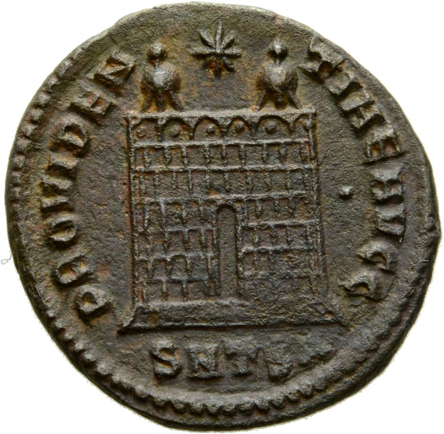 RIC VII Thessalonica 153 Constantine I reverse, Camp gate with two turrets, without doors, with varying number of stone la...
