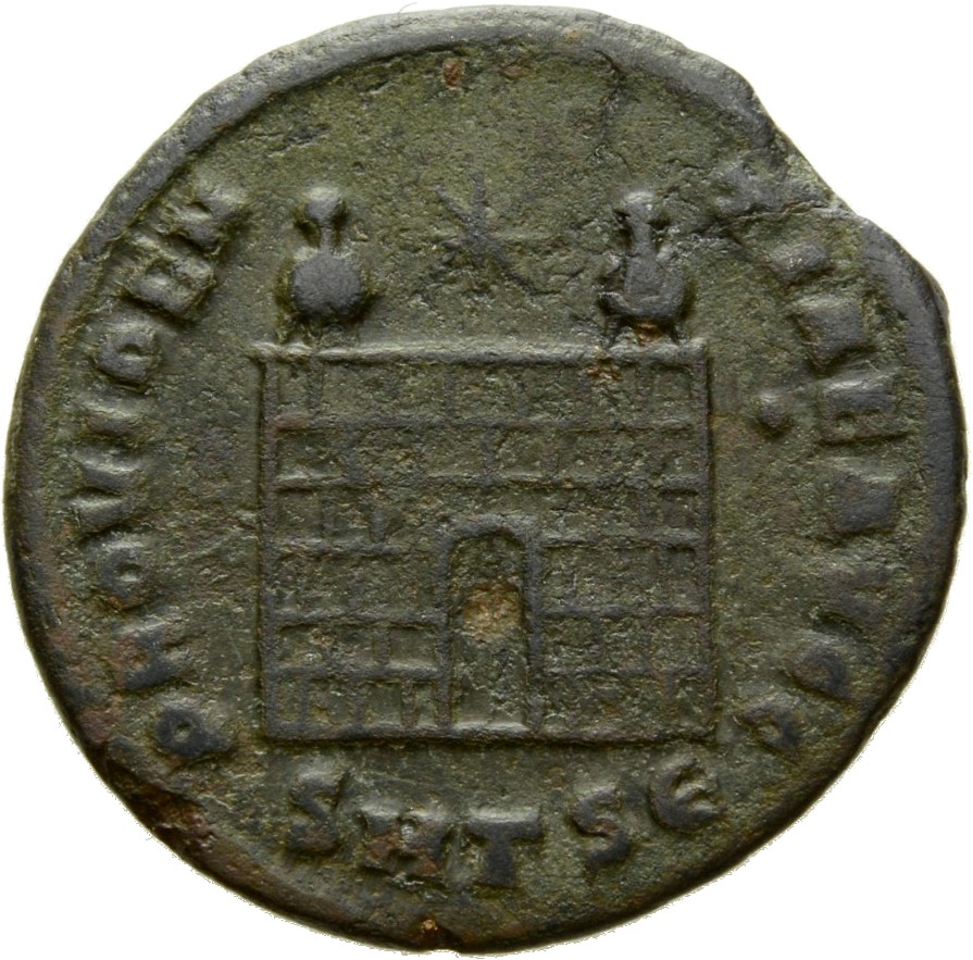 Constantine I reverse — Camp gate with two turrets, without doors, with varying number of stone layers; star above
