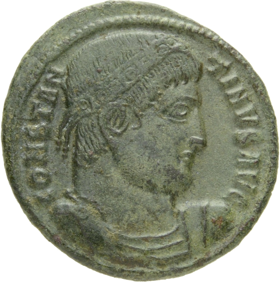 Constantine I obverse — Bust of Constantine I, rosette-diademed, draped, cuirassed, right