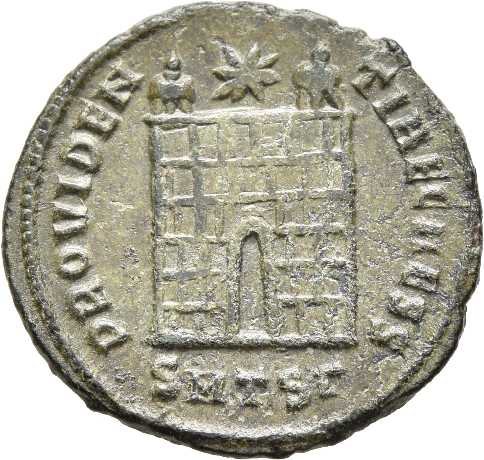 RIC VII Thessalonica 155 Constantine I reverse, Camp gate with two turrets, without doors, with varying number of stone la...