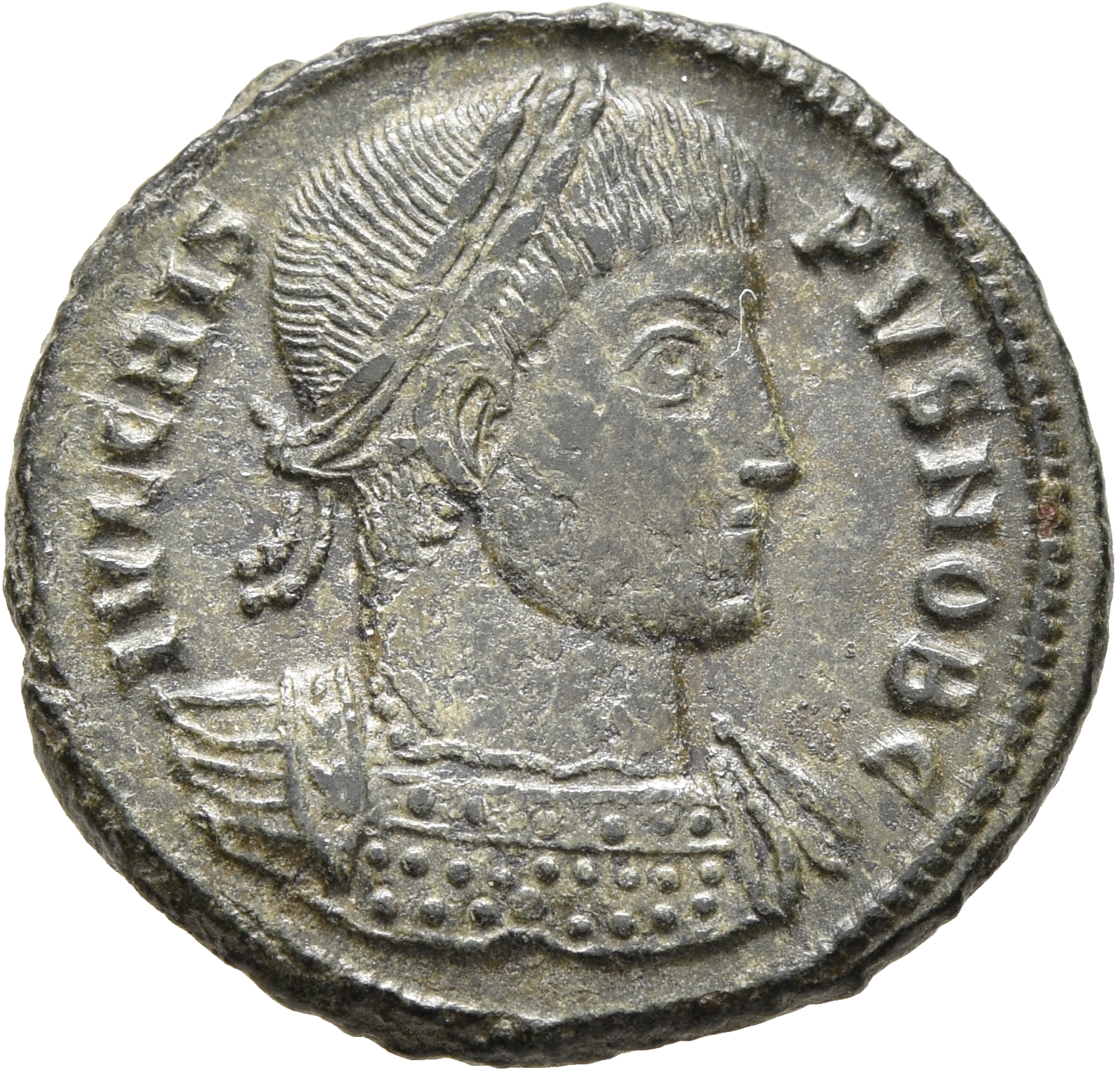 RIC VII Thessalonica 155 Constantine I obverse, Bust of Crispus, laureate, cuirassed, right