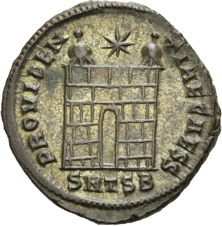 RIC VII Thessalonica 158 Constantine I reverse, Camp gate with two turrets, without doors, with varying number of stone la...
