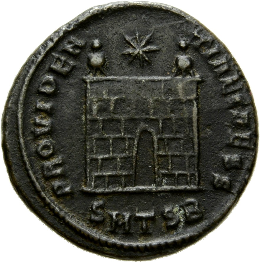 Constantine I reverse — Camp gate with two turrets, without doors, with varying number of stone layers; star above