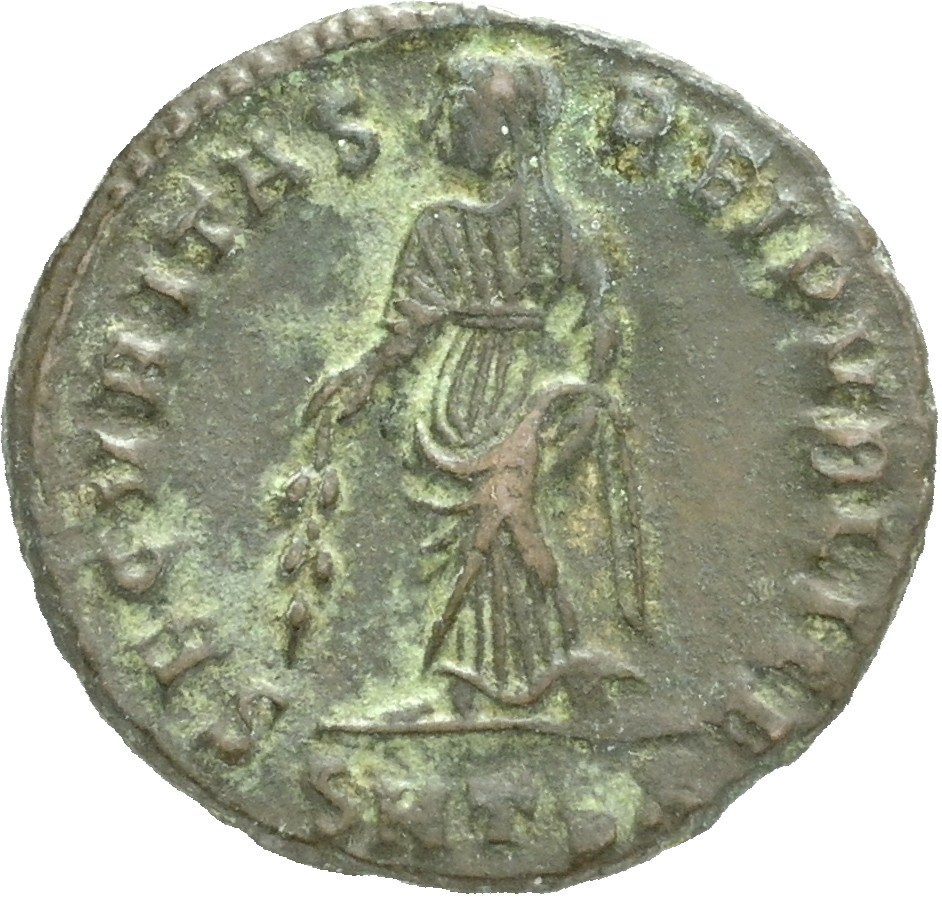 RIC VII Thessalonica 159 Constantine I reverse, Helena, draped, standing left, raising robe with right hand and lowering b...