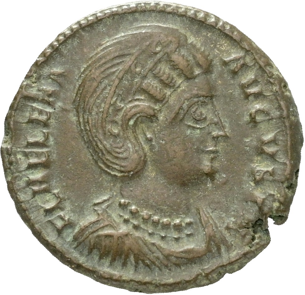 RIC VII Thessalonica 159 Constantine I obverse — Bust of Helena, wearing necklace and mantle, right