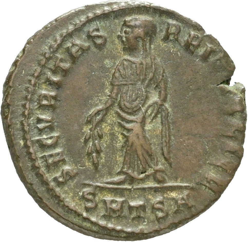 RIC VII Thessalonica 159 Constantine I reverse — Helena, draped, standing left, raising robe with right hand and lowering ...