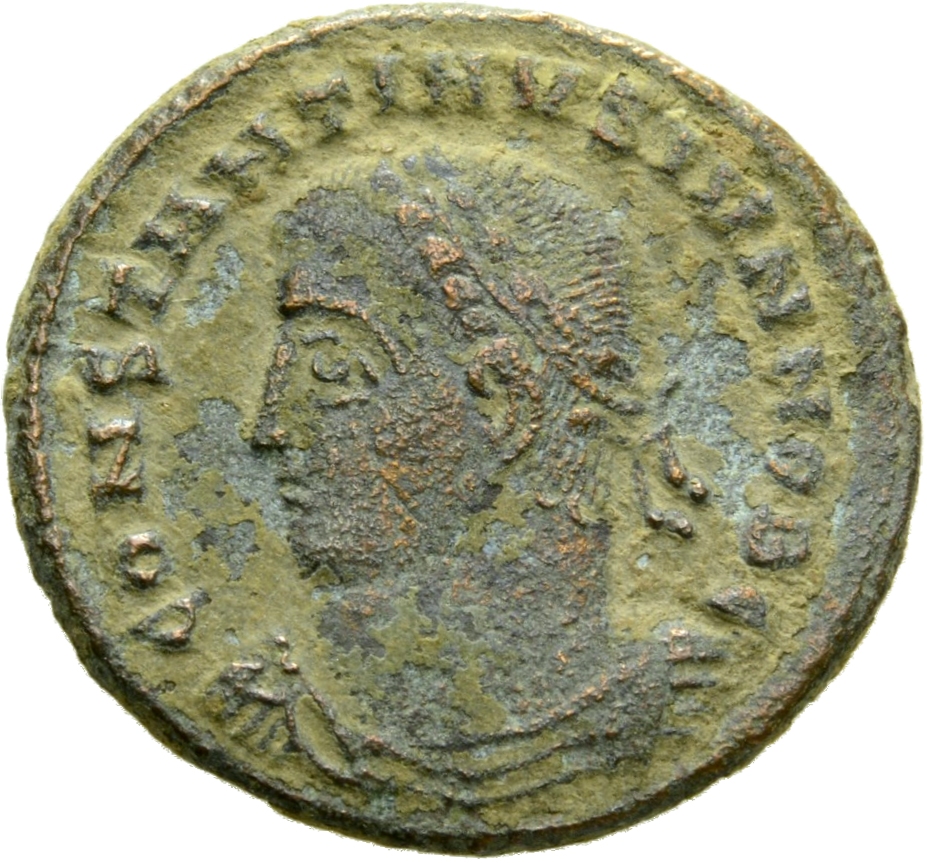 Constantine I obverse — Bust of Constantine II, laureate, draped, cuirassed, left