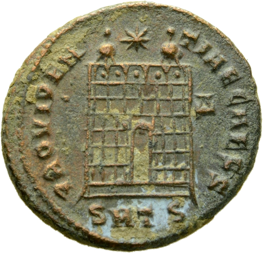 Constantine I reverse — Camp gate with two turrets, without doors, with varying number of stone layers; star above
