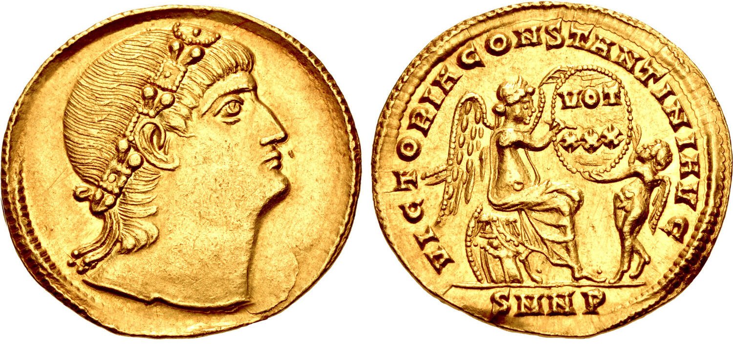 RIC VII Thessalonica 177 Constantine I obverse, Bust of Constantine II, laureate, draped, cuirassed, right