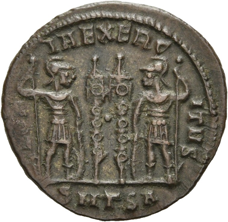 RIC VII Thessalonica 183 Constantine I reverse, Two soldiers, helmeted, draped, cuirassed, standing facing each other, eac...