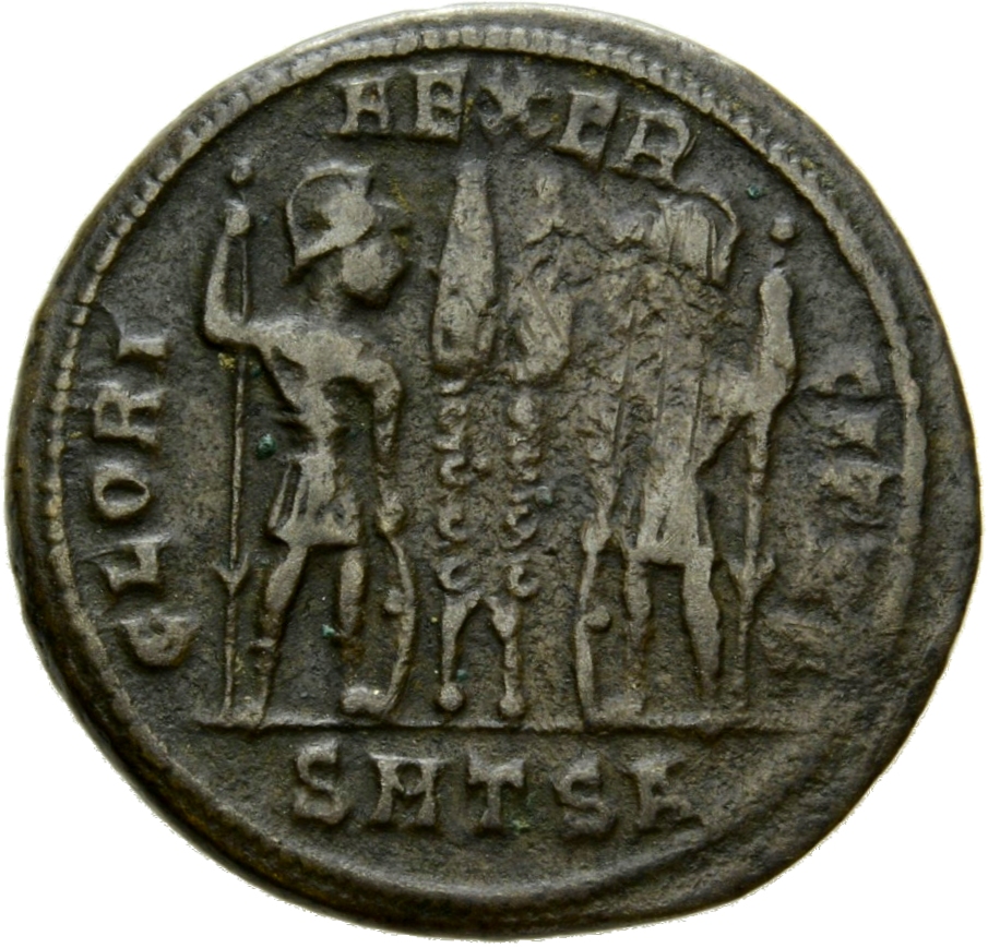 Constantine I reverse — Two soldiers, helmeted, draped, cuirassed, standing facing each other, each holding reversed spear in outer hand and resting inner hand on shield; between them, two standards