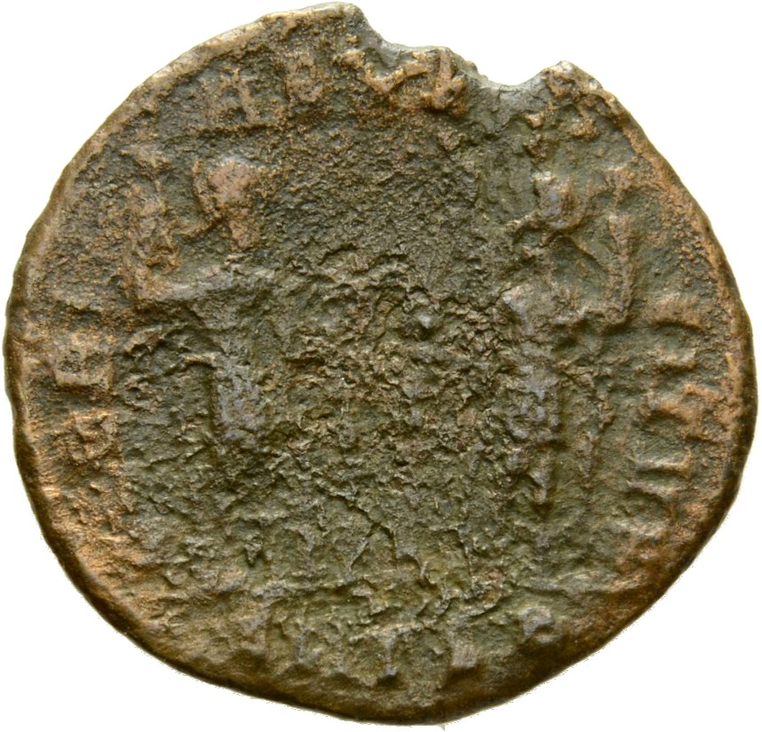 RIC VII Thessalonica 184 Constantine I reverse, Two soldiers, helmeted, draped, cuirassed, standing facing each other, eac...