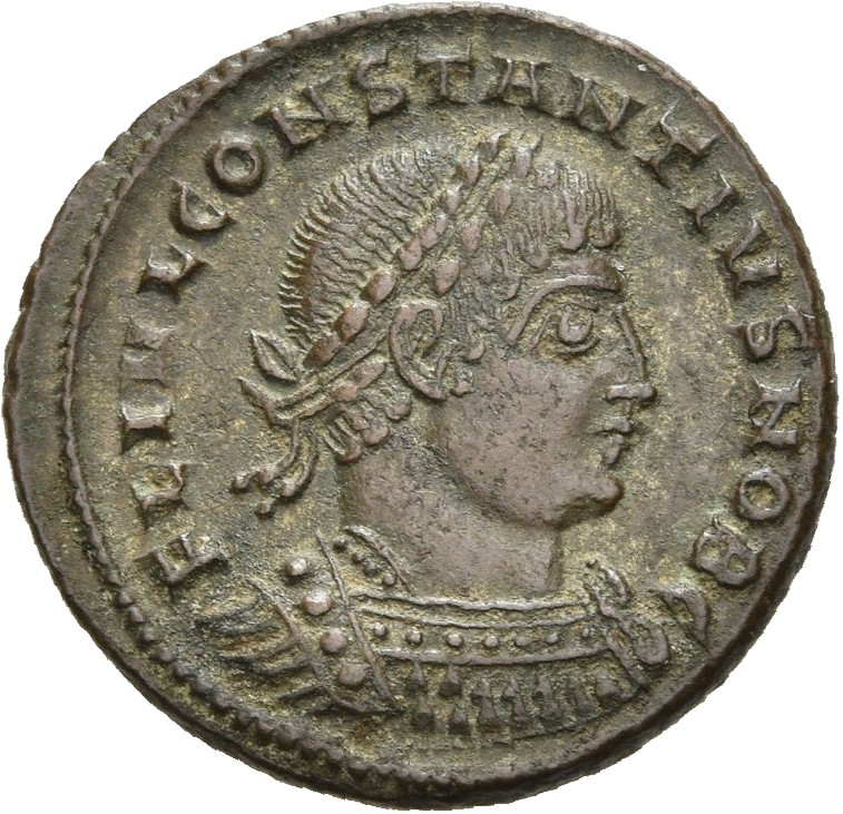 RIC VII Thessalonica 185 Constantine I obverse — Bust of Constantius II, laureate, cuirassed, right