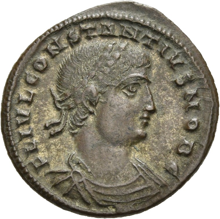 RIC VII Thessalonica 186 Constantine I obverse, Bust of Constantius II, laureate, draped, cuirassed, right