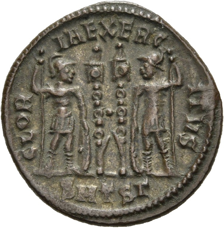RIC VII Thessalonica 186 Constantine I reverse, Two soldiers, helmeted, draped, cuirassed, standing facing each other, eac...