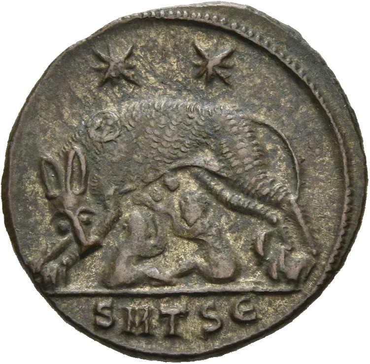RIC VII Thessalonica 187 Constantine I reverse, She-wolf, standing left, suckling twins; above, two stars