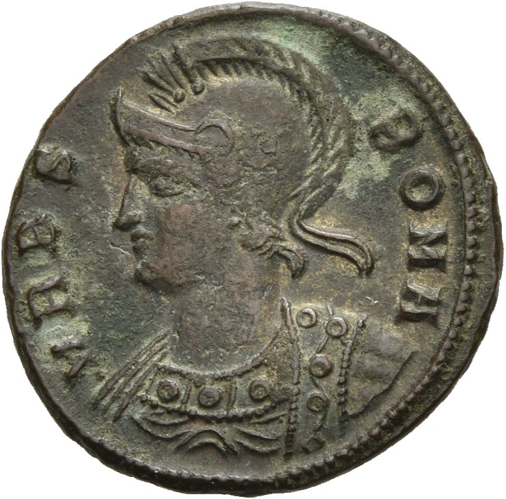 RIC VII Thessalonica 187 Constantine I obverse, Bust of Roma, helmeted, wearing imperial cloak, left
