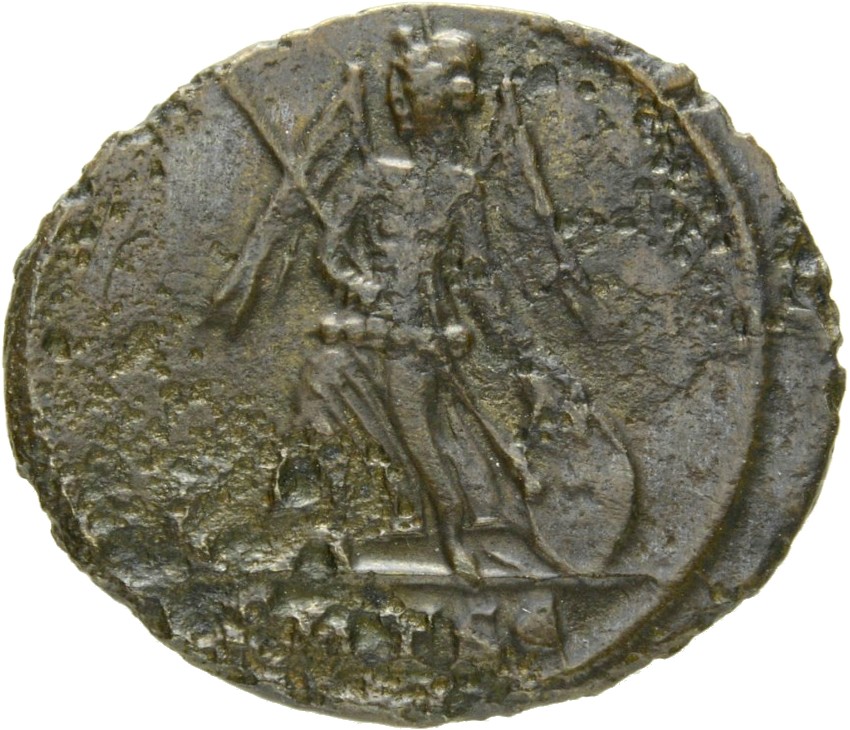 RIC VII Thessalonica 188 Constantine I reverse, Victory, winged, draped, standing left on prow, holding spear in right han...