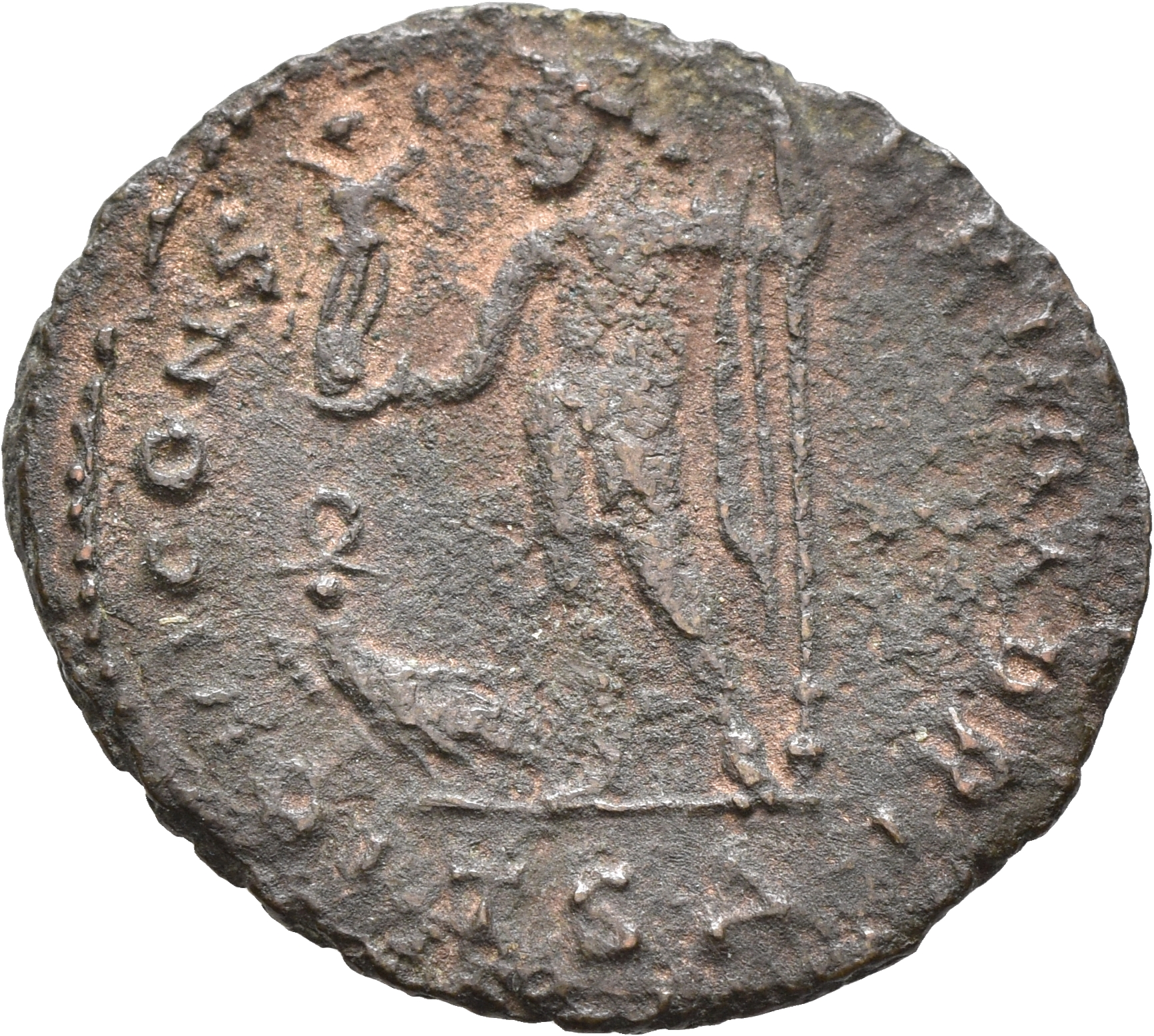 RIC VII Thessalonica 19 Constantine I reverse, Jupiter, nude, chlamys draped across left shoulder, standing left, holding ...