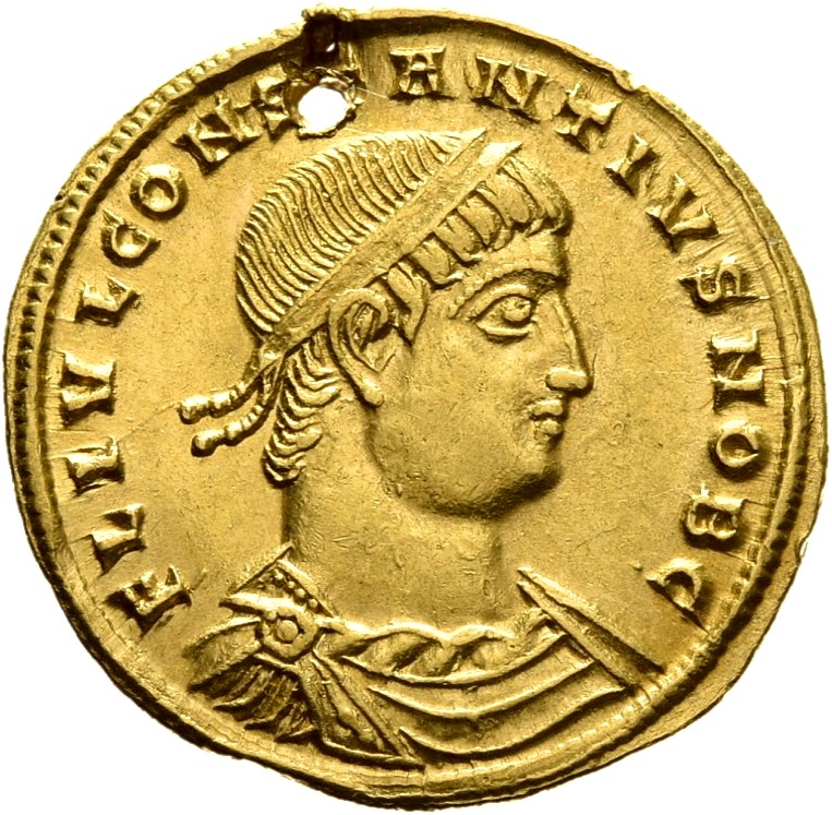 RIC VII Thessalonica 191 Constantine I obverse, Bust of Constantius II, diademed, draped, cuirassed, right