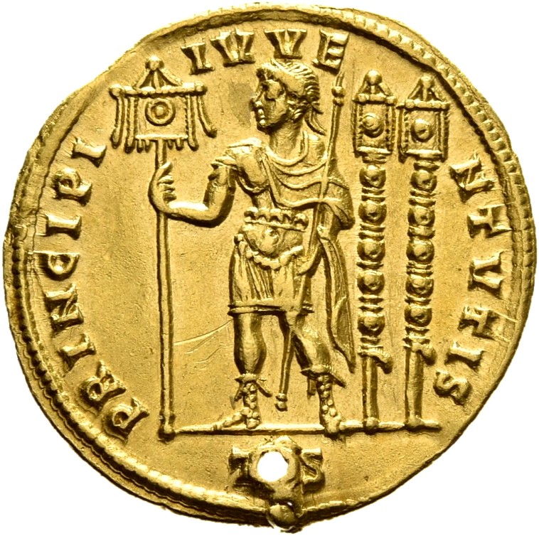 RIC VII Thessalonica 191 Constantine I reverse, Constantius II, draped, cuirassed, standing left, holding vexillum in righ...