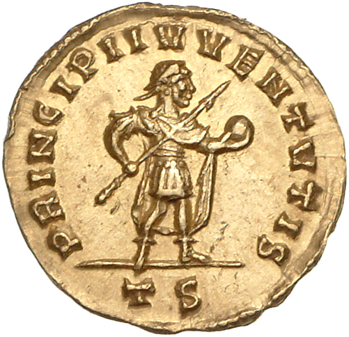 RIC VII Thessalonica 192 Constantine I reverse, Constantine II, draped, cuirassed, cloak spread, standing right, holding t...