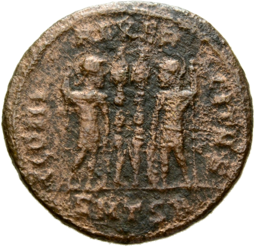 RIC VII Thessalonica 199 Constantine I reverse, Two soldiers, helmeted, draped, cuirassed, standing facing each other, eac...