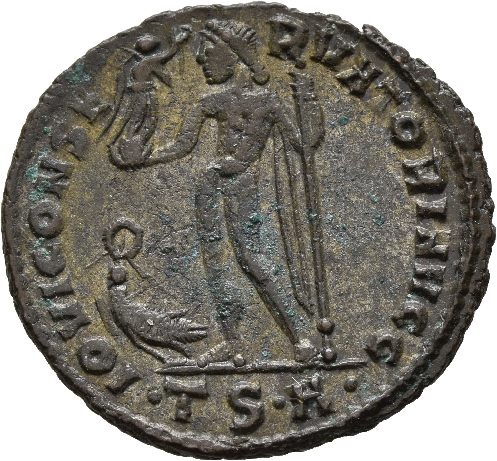 RIC VII Thessalonica 2 Licinius reverse, Jupiter, nude, chlamys draped across left shoulder, standing left, holding Victor...