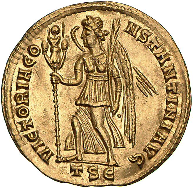 RIC VII Thessalonica 208 Constantine I reverse, Victory, winged, draped, advancing left, holding trophy in right hand and ...