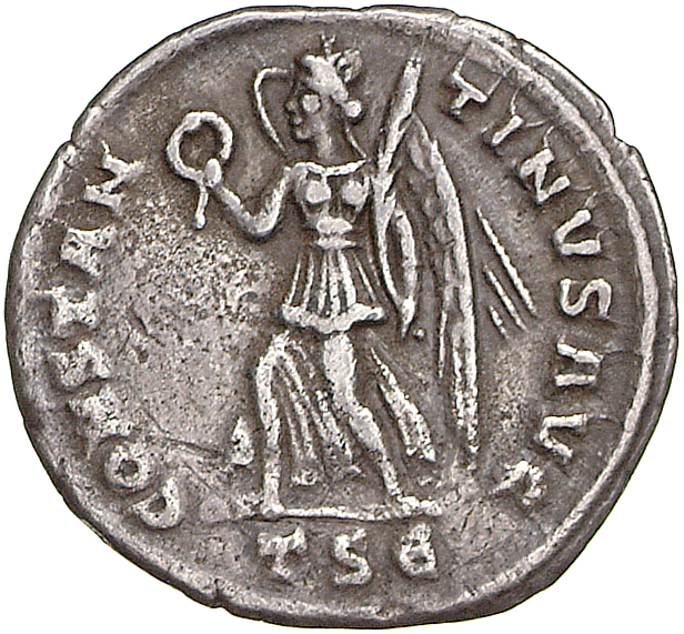 RIC VII Thessalonica 214 Constantine I reverse, Victory, winged, draped, advancing left, holding wreath in right hand and ...