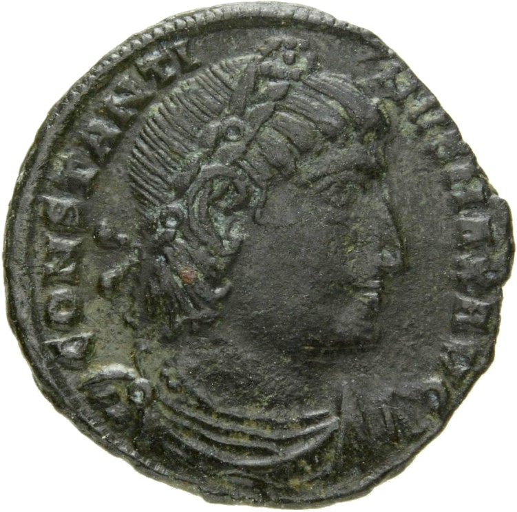 Constantine I obverse — Bust of Constantine I, rosette-diademed, draped, cuirassed, right