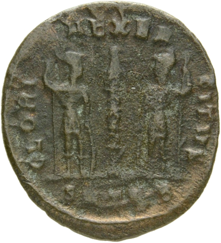 Constantine I reverse — Two soldiers, helmeted, draped, cuirassed, standing facing each other, each holding reversed spear in outer hand and resting inner hand on shield; between them, one standard
