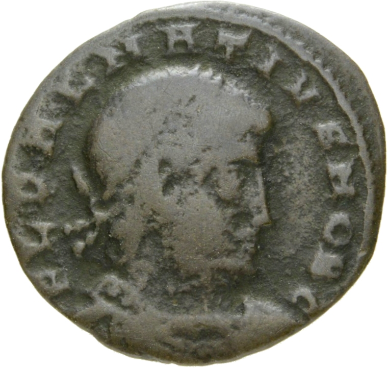 Constantine I obverse — Bust of Dalmatius, laureate, draped, cuirassed, right