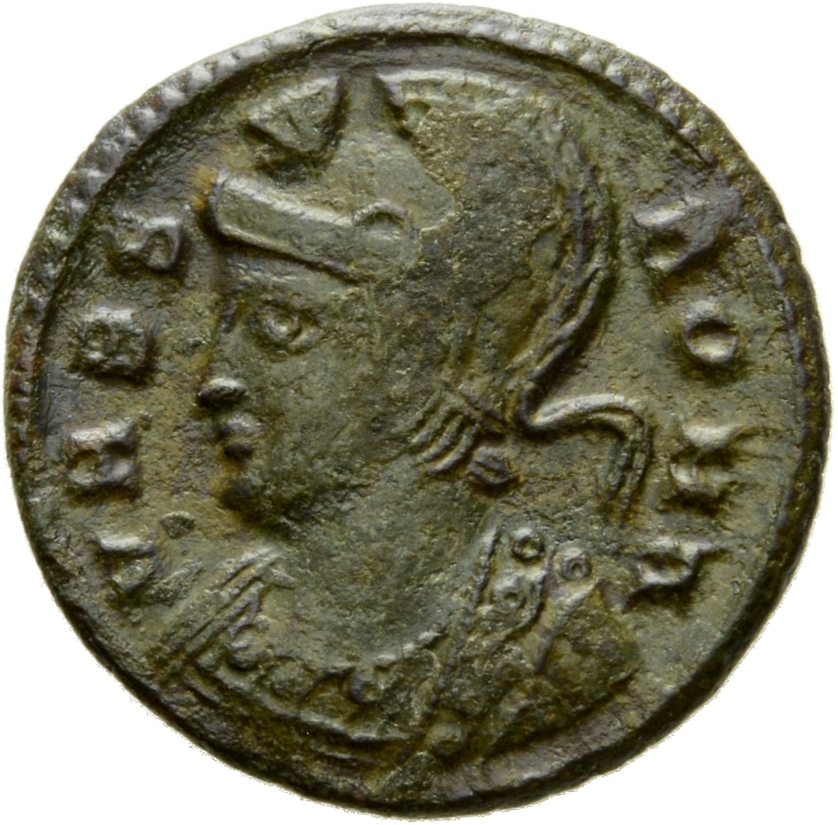 RIC VII Thessalonica 229 Constantine I obverse, Bust of Roma, helmeted, wearing imperial cloak, left