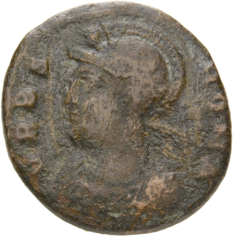 Constantine I obverse — Bust of Roma, helmeted, wearing imperial cloak, left