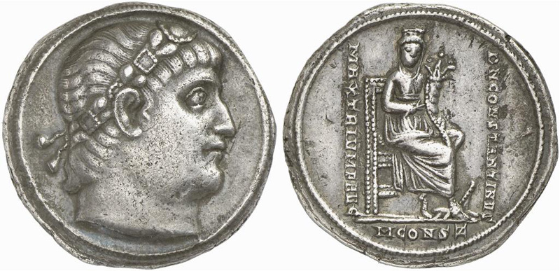 RIC VII Thessalonica 23 Constantine I obverse, Bust of Constantine II, laureate, draped, cuirassed, right