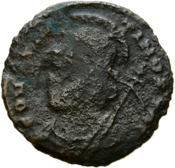 Constantine I obverse — Bust of Constantinopolis, laureate, helmeted, wearing imperial cloak, left, holding reversed spear in right hand