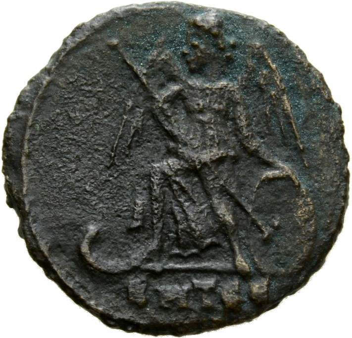 Constantine I reverse — Victory, winged, draped, standing left on prow, holding spear in right hand and shield in left hand