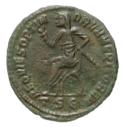 RIC VII Thessalonica 24 Constantine I reverse, Maximian, veiled, draped, seated left in curule chair, holding short sceptr...